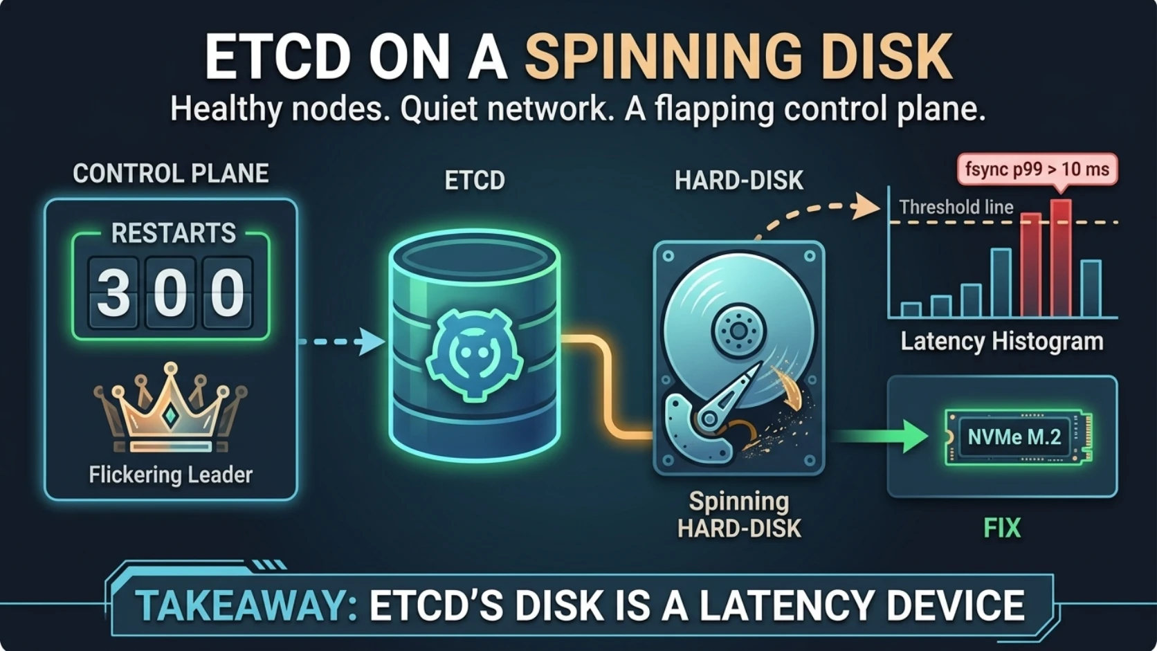 The control plane was flapping because of a spinning disk